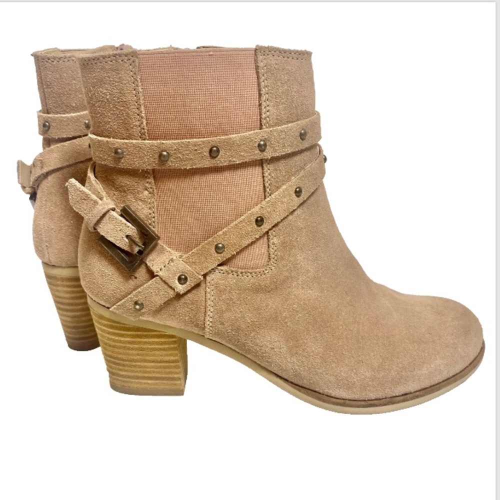Women's Suede Strappy Buckle Studded Booties Tan Block Heel Zip Western Sz 7